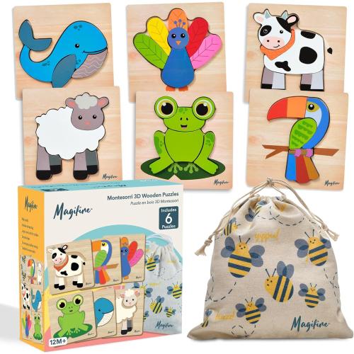 Magifire Wooden Puzzles, Set of 6 Puzzle Toys for Kids Toddlers 1–3, Baby Educational Animal Toys with Chunky Pieces & Bag for Easter - Whale, Peacock, Woodpecker, Cow, Sheep, Frog