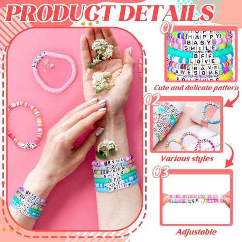 Landical 64 Pcs Friendship Bracelets Bulk Women Beaded Heishi Surfer Inspirational Stackable Party Favor Bracelet Pack Vinyl Beaded for Goody Bag Fillers Party Favors Gifts Valentine