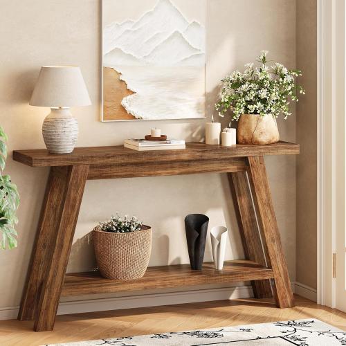 Console Table, 55-Inch Entryway Table with Storage 2-Tier Narrow Wood Console Table Behind Couch Sofa Tables for Living Room, Entryway, Hallway (Light Brown)