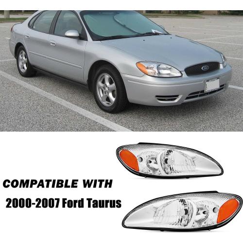 For 2000 2001 2002 2003 2004 2005 2006 2007 Ford Taurus Headlight Assembly Replacement for 00-07 Taurus Head Lights Driver and Passenger Side, Chrome Housing Amber Reflector