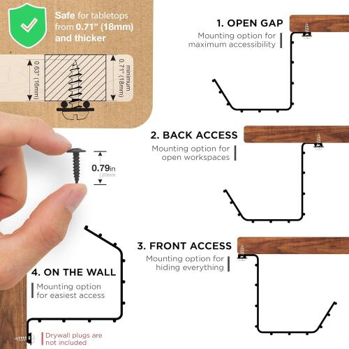 Under Desk Cable Tray, Cord Organizer for Wire, Cord Management, Under Desk, Wire Holders - Black Tray - Set of 4X 17