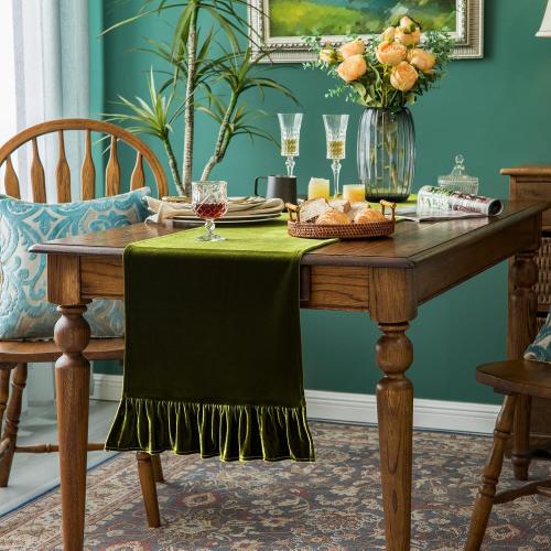 Velvet Table Runner Soft Decorative Luxurious Solid 72 Inches Long Tablecloth with Retro Ruffle Flounces Table Runner Dresser Scarves for Kitchen Dining Room Coffee Table Olive Green,14x72 Inch