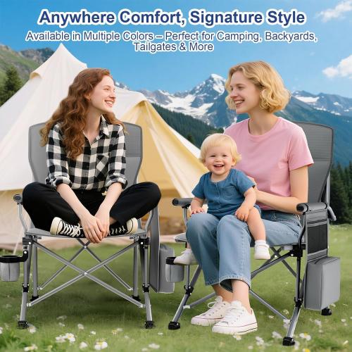 Size XL Color Grey and blue Heavy Duty Camping Chair 396lb Capacity (525lb MAX) - Waterproof 1680D Oxford - Oversized 2 Thick Padded Seat with Cup Holder & Cooler - Portable for Camping, Beach, Tailgating Slate/Navy