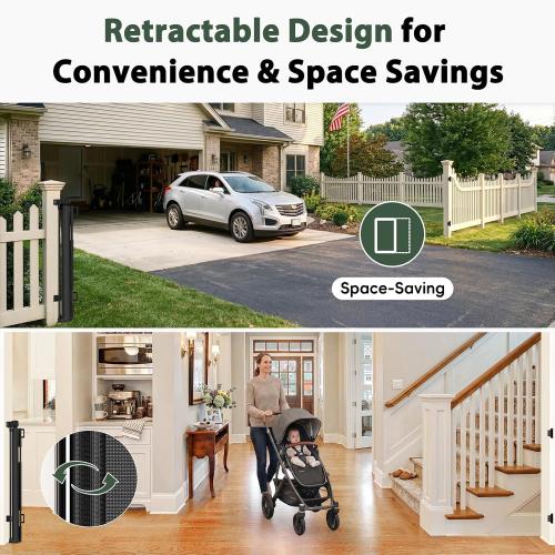 275 Extra Long Baby Gate Retractable Dog Gate, 23ft Retractable Baby Gates Extra Wide Driveway Gate, Reinforced 48 Extra Tall Pet Gate Outdoor Retractable Fence, Garage Gate Wide Dog Gate, Black