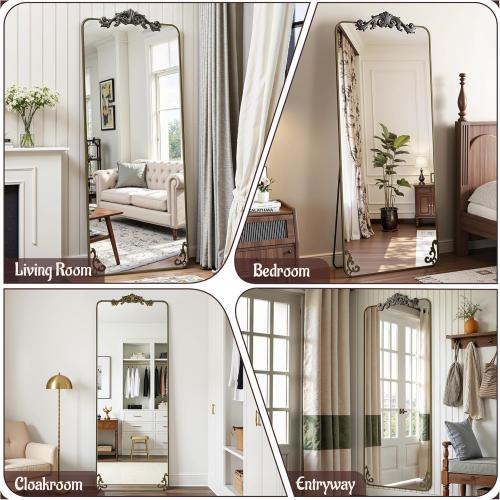Full Length Mirror, 65x22 Floor Mirror Freestanding with Carved Metal Frame, Full Body Mirrors for Living Room, Standing, Hanging, Leaning Mount, Bronze, Luxury Style