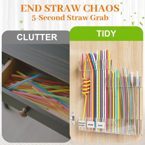 Upgraded 9.84 Large Straw Holder for Cabinet Door, 3-Part Adjustable Straw Organizer Storage with Strong Adhesive Double-sided Tape, Ultra Sticky Under-Cabinet Mount Storage (Transparent)