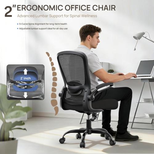 Mimoglad Ergonomic Office Chair - BIFMA Certified, Flip-up Armrests Adjustable Lumbar Support - Space-Saving Task Chair for Business/Team Office & Home (