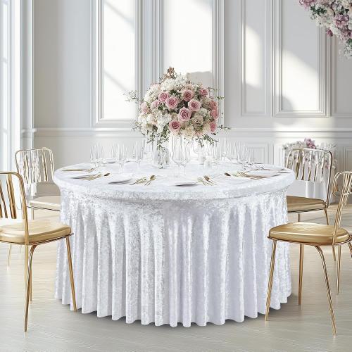 NSSONBEN 8 Pack White Velvet Round Tablecloth 60 inch, Thick Shiny Velour Stretch Fitted 5ft Round Tablecloths 120 inch, Wrinkle Free Spandex Table Covers with Skirt for Wedding Party Dining Banquet