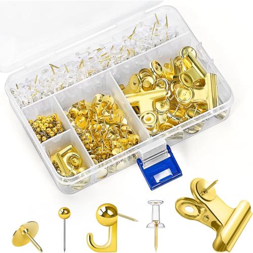 315Pcs 5 Style Gold Push Pins, Decorative Push Pins, Cute Pushpin Clip, Push Pin Hooks, Gold Metal Thumb Tacks Office Accessories for Cork Board Map Office