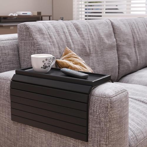 Sofa Arm Tray,Bamboo Folding Couch Arm Tray,Sofa Armrest Trays with Anti-Slip Pad for Drinks,Snacks,Phone,Remote Control（Black）