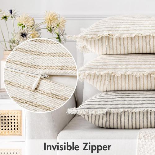 MIULEE Pack of 2 Khaki Pillow Covers 18x18 Inch Striped Farmhouse Couch Throw Pillow Covers with Fringe Chic Linen Decorative Cushion Covers for Sofa Living Room Bed Outdoor Home Decor