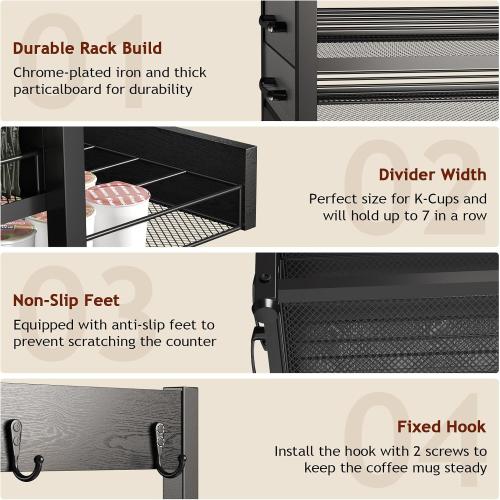 K Cup Holder Drawer - K Cup Storage Organizer, Coffee Pod Drawer with Hooks, Durable Iron-Wood Design, Space-Saving Coffee Station Organizer for Kitchen Counter