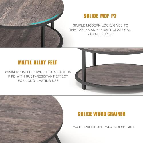 NSdirect Round Coffee Table,36 Coffee Table for Living Room,2-Tier Rustic Wood Desktop with Storage Shelf Modern Design Home Furniture(Light Walnut)
