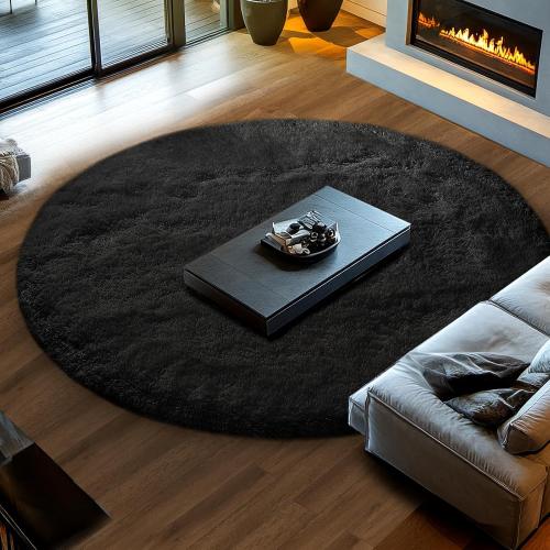 Round Area Rug 8Ft Black: Circle Black Rugs for Living Room- Fluffy Soft Round Rug- Shag Plush Carpet for Bedroom, 8x8 Feet