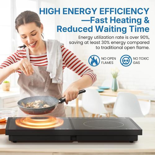 Commercial Double Burner Electric Induction Cooktop, 1000W 800W Dual Induction Hot Plate, 8 Power & 8 Temp Setting, Professional Countertop Burner Stove with Timer, LED Screen, Black