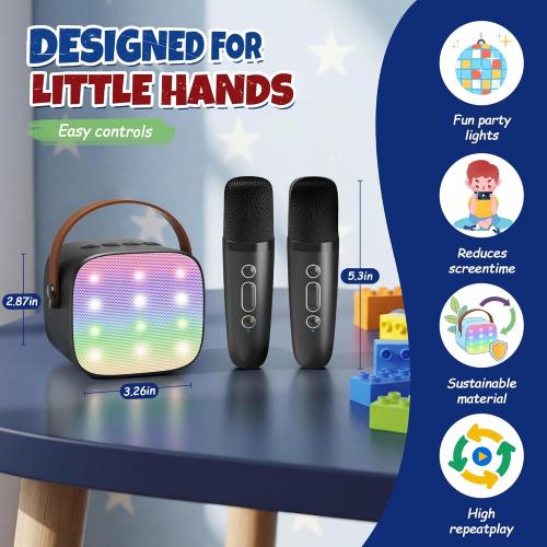 Mini Karaoke Machine with 2 Wireless Microphones for Kids Adults, Portable Bluetooth Speaker, 2026 Top Birthday Gift for Boys Girls 3, 4, 5, 6, 7, 8, 9, 10, 12  Years Old Grandkids Present (Black)