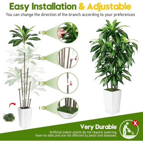 Artificial Dracaena Tree Indoor, 5FT Tall Fake Tree with White Tall Planter, Artificial Tree Fake Yucca Potted Tree for Home Office Living Room Decor, Tall Artificial Plant for Housewarming