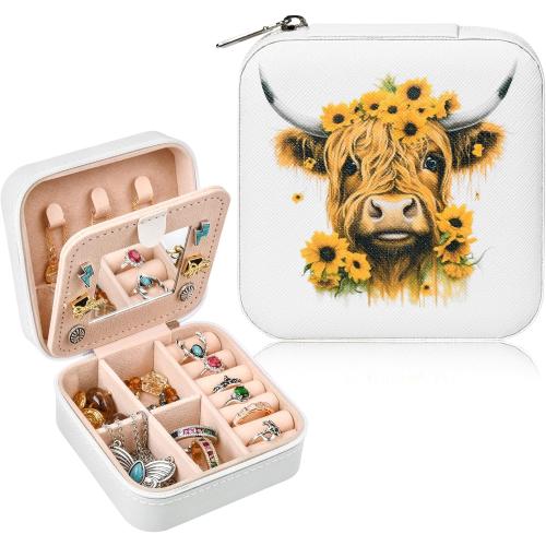 CEELGON Western Jewelry Box Case Gift Highland Cow Print Travel Jewelry Organizer Christmas Gifts for Teen Girls Cowgirl Stuff Small Portable Travel Accessories for Women (Sunflowers Highland Cow)