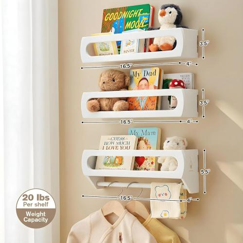 Floating Shelves for Wall, Premium Bamboo Wood, Fully Assembled - Nursery Book Shelves, Nursery Decor, Book Shelf for Kids Rooms, Wall Mounted Bookshelves, Set of 3 White