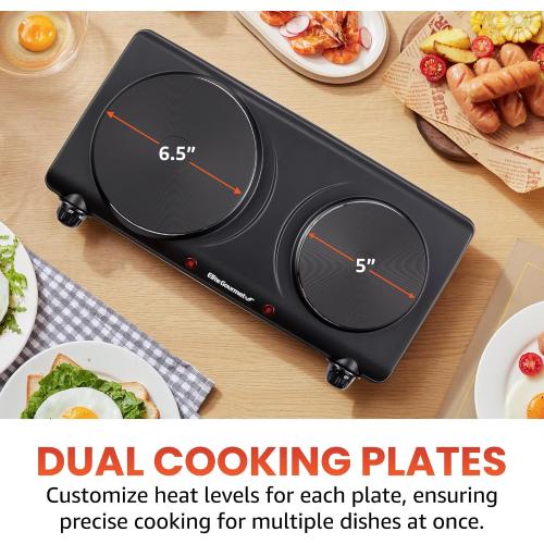 Elite Gourmet EDB-302BF# Countertop Double Cast Iron Burner, 1500 Watts Electric Hot Plate, Temperature Controls, Power Indicator Lights, Easy to Clean, Black
