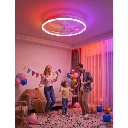 RGB Ceiling Fan with Light and Remote,24 Fandelier Smart Ceiling Fan,White | Low Profile Ceiling Fan with Light, Dimmable Flush Mount Ceiling Fan, Modern Bladeless Ceiling Fan, 6 Speeds Ceiling Fan RGB