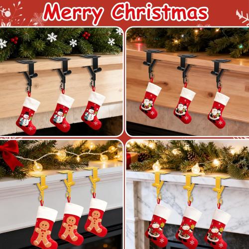 No-Drill Fireplace Stocking and Garland Hanger for Mantel 2-in-1 Adjustable Heavy Duty Christmas Hooks, Tool-Free Clip-On Design Holds Stockings Garland Securely for Indoor Outdoor Decor (3-gold)