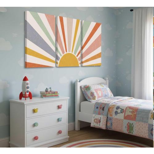 3 Pieces Nursery Boho Canvas Wall Art Rainbow Sun Rising on the Horizon Geometric Nature Illustration Line Pictures Wall Decor Posters Prints for Toddler Kids Room Home Decoration