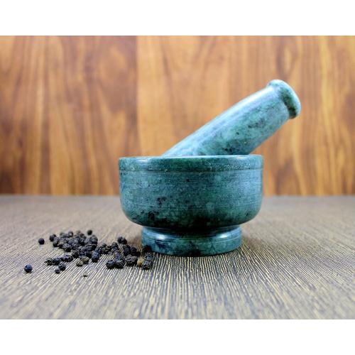 4 Diameter Natural Stone Mortar and Pestle Set as Spice Grinder, Medicine Masher - Okhli and Musal (Green Deep)