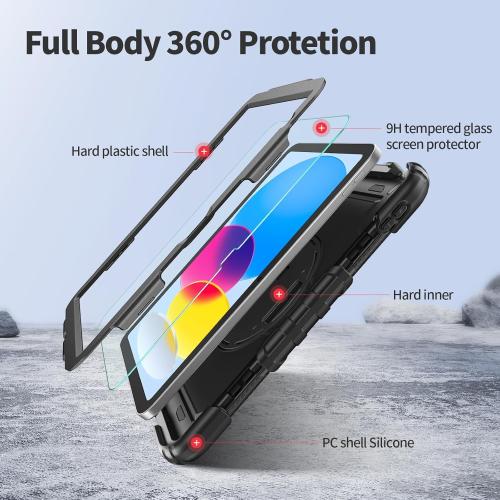 Ambison Case for iPad (A16) 11th/10th Generation 11''/10.9'' 2025/2022, [Kid Proof] Full Body Protective Case with 9H Tempered Glass Screen Protector, 360° Rotatable Kickstand & Hand Strap (Black)