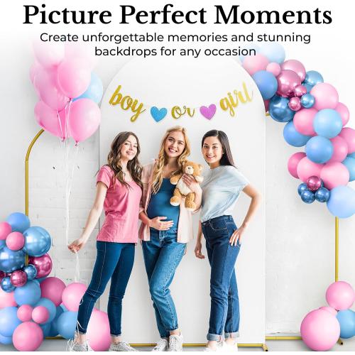 Metal Arch Backdrop Stand and Cover Set – 3 Gold Frames (7.2ft, 6ft x2) with White Wrinkle-Free Spandex Covers, Water Weights, Bags & Case – Wedding, Birthday, Baby Shower, Party Decor