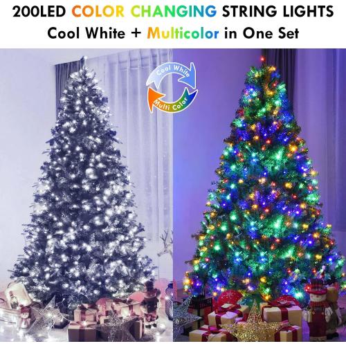 Cool White to Multicolor Color Changing 200 LED 66FT Connectable Christmas String Lights for Outdoor Indoor, 11 Modes Christmas Tree Clear Wire Fairy Waterproof Lights with Memory & Remote & Timer