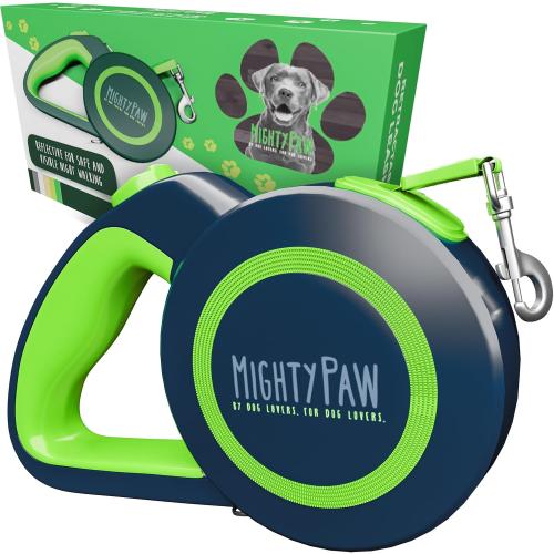 Mighty Paw Retractable Dog Leash 2.0 | 16' Heavy Duty Reflective Nylon Tape Lead for Pets up to 0-50 lbs. Tangle Free Design W/One Touch Quick-Lock Braking System & Anti-Slip Handle (Green/Lite)