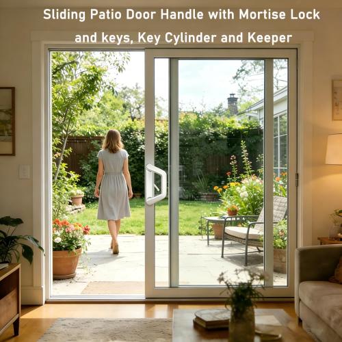 Sliding Patio Door Handle with Mortise Lock and keys, Key Cylinder and Keeper, 4-15/16 Hole Spacing, Reversible Design(Non-Handed), 4 15/16 Glass Door Replacement Handle Lock, Need to Drill (White)