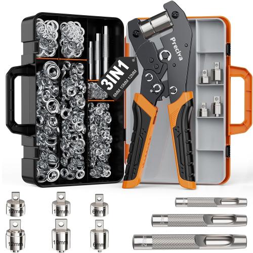 Preciva 3-Size Grommet Tool Kit - 1/2 1/4 3/8 Hole Punch & Eyelet Setting Tool with 300Pcs Grommets | Handheld Eyelet Plier for Tarps, Tents, Canvas, Vinyl & Leather Crafting