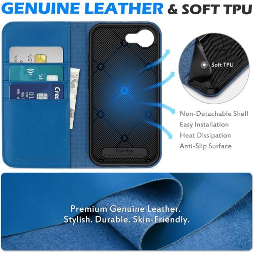 SHIELDON Real Leather Wallet Case for iPhone 17e/16e 6.1, Sapphire Blue