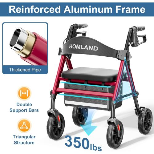HOMLAND Rollator Walker for Seniors with Seat, Foldable Lightweight Aluminum Rolling Walker with 8 All-Terrain Wheels, Adjustable Height, Storage Bag & Hand Brakes, Ergonomic Indoor Outdoor Aid