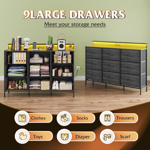 WLIVE Bedroom Dresser TV Stand 9 Drawers, Fabric Chest LED Lights, Charcoal | Black 9-drawer dresser TV stand fits 55in TV with wood top and charging station, fabric dresser for kids bedroom