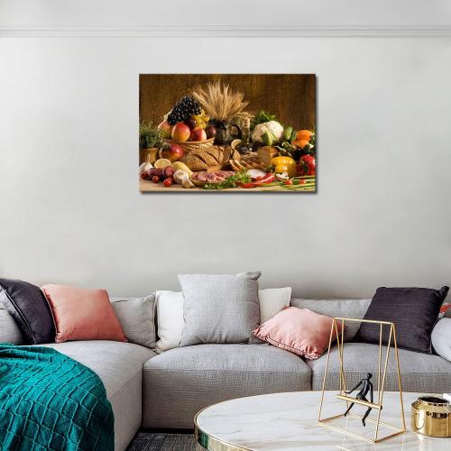 Food Wall Art Fruit Canvas Dining Room Brown Picture Kitchen Wall Decor Various Fruit Bread in Basket On The Table Picture Print On Canvas Food for Living Room Office Home Decor