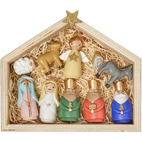 DN DECONATION Nativity Figurines Set, 11Pcs Resin Holy Family Scene - Colorful Mini Christmas Nativity Decor for Christmas Indoor Tabletop, Shelf, and Home Holiday Display