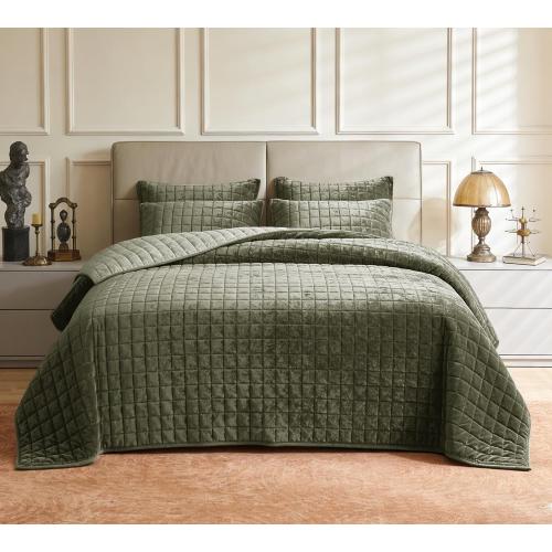 Luxurious Velvet Quilt King Size Set 98 x106 Ultra Soft Bedding Set Quilted Bedspread Coverlet with 2 Matching Pillow Shams for All Seasons,Army Green