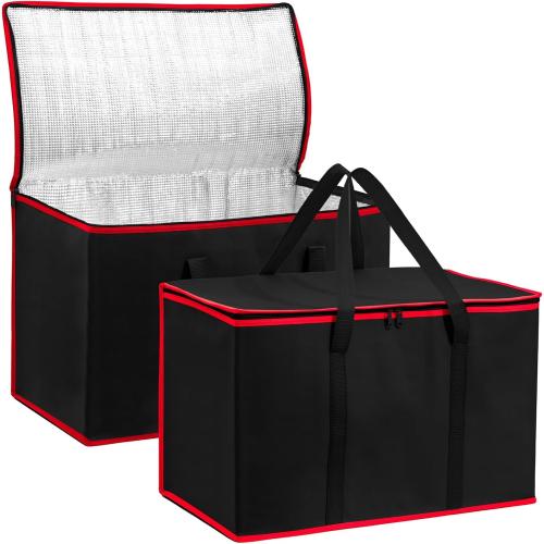 (Not Made In China) Insulated Food Delivery Bags, Reusable Grocery Carrier, Catering, Thermal Insulation Tote for Hot and Cold Food, Pizza, Uber Eats and Doordash (1, Black With Red Trim, 3X-Large)