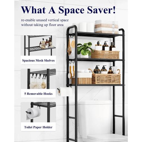 Kitsure Over Toilet Storage Rack - Metal Over Toilet Bathroom Organizer Shelf, Over the Toilet Storage Cabinet with Paper Holder and Hooks, Bathroom Cabinet for Laundry, Black, 3 Tiers (63.2 H)