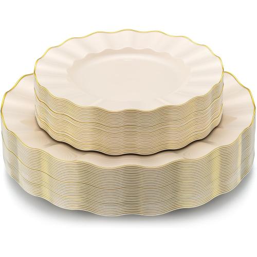 60Pcs Heavy Weight Ivory Plastic Plates with Gold Trim, Heavy Duty Wedding Plates, Elegant Disposable Plate Sets include 30 10 Dinner & 30 7 Dessert Plates for Party & Wedding(30 Guests)