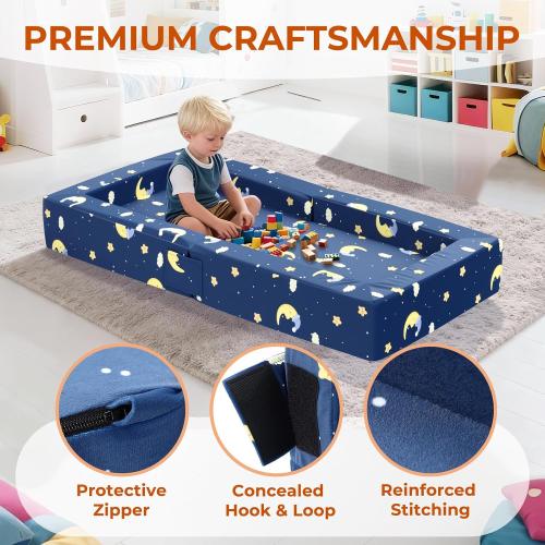 Portable 3-in-1 Toddler Travel Sofa, Soft Fabric&High-Density Foam | Easy-Clean Machine Washable Cover with Moon Star Cloud Print for Camping & Indoor/Outdoor Use - Blue