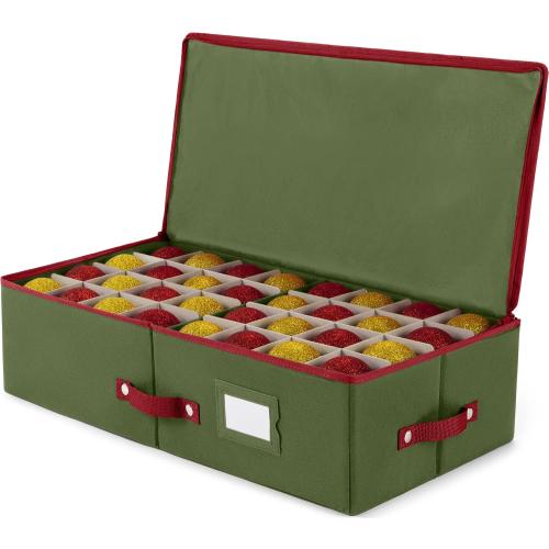 ZOBER Underbed Christmas Ornament Storage Box - Stores 64 3 Ornaments, With Dividers - Tear Proof 600D Oxford Fabric, Ornament Organizer Storage Box, Durable Christmas Containers Holder - Green