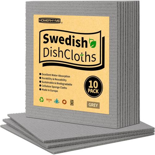 HOMERHYME Swedish Dishcloths, 10 Pack Absorbent Dish Towels for Kitchen, Multipurpose Cellulose Sponge Cloths, Reusable Washable Towels for Home & Kitchen, Grey