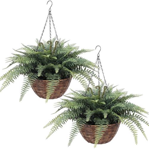 Artificial Boston Ferns Hanging Plants 2 Pack Fake Hanging Plants for Outdoors, UV Resistant Outdoor Hanging Faux Ferns Plants for Front Porch Indoor Décor