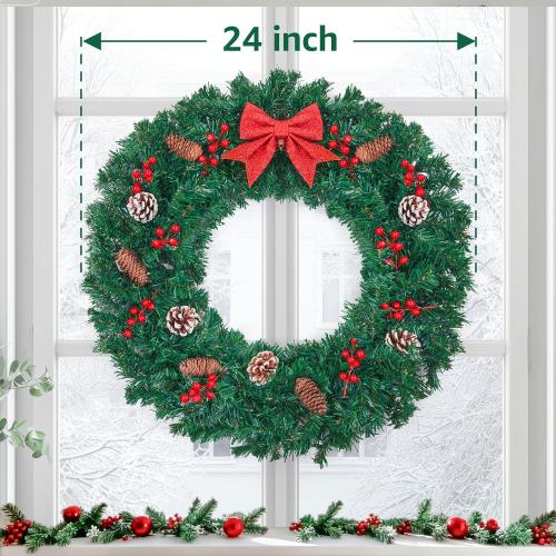 24 Inch Christmas Wreath for Front Door - Farmhouse Holiday Decor for Indoors and Outdoors, No Light