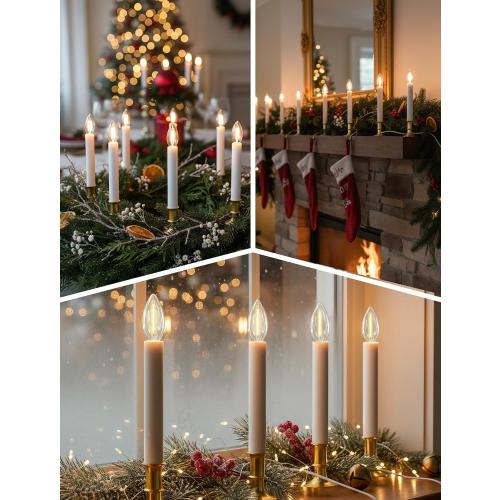 4 Pack Electric Window Candles with Sensor Dusk to Dawn,Christmas Window Candles Gold Plated Base,9 Inch Candle Lights with 0.6W LED E12 Bulbs for Indoor Christmas Decor