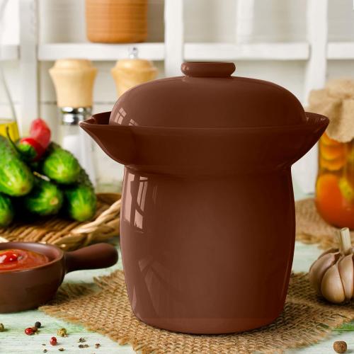 Fermentation Crock Jar Fermenting Crock with Glazed Weights- Onggi Kimchi Pot for Fermenting Delicious Kimchi, Kombucha & Pickles - Stoneware Sauerkraut Crock Pickling Fermenter (4L BROWN)